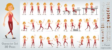 Çizgi film komik, pembe tişörtlü sarışın kız karakter. 30 farklı poz ve yüz ifadesi. Beyaz arka planda izole edilmiş. Büyük vektör simgesi kümesi.
