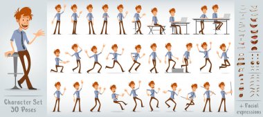 Mavi kravatlı komik ofis çocuğu karakteri. 30 farklı poz ve yüz ifadesi. Beyaz arka planda izole edilmiş. Büyük vektör simgesi kümesi.