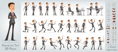 Çizgi film komik komik garson çocuk karakteri siyah takım elbiseli ve bıyıklı kırmızı kravat. 30 farklı poz ve yüz ifadesi. Beyaz arka planda izole edilmiş. Büyük vektör simgesi kümesi.
