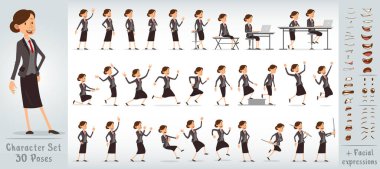 Çizgi film komik, yakışıklı iş kızı karakteri, siyah takım elbiseli, kırmızı küpeli. 30 farklı poz ve yüz ifadesi. Beyaz arka planda izole edilmiş. Büyük vektör simgesi kümesi.
