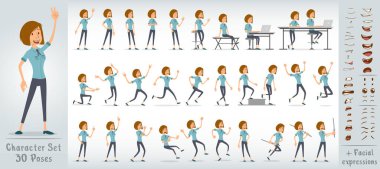 Çizgi film komik, yakışıklı, iş kızı, mavi gömlekli, kravatlı karakter. 30 farklı poz ve yüz ifadesi. Beyaz arka planda izole edilmiş. Büyük vektör simgesi kümesi.