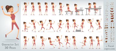 Çizgi filmdeki pembe tişörtlü ve şortlu sevimli kız karakter. 30 farklı poz ve yüz ifadesi. Beyaz arka planda izole edilmiş. Büyük vektör simgesi kümesi.