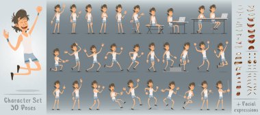 Şort ve tişörtlü komik, sevimli, sporcu çocuk karakteri. 30 farklı poz ve yüz ifadesi. Beyaz arka planda izole edilmiş. Büyük vektör simgesi kümesi.