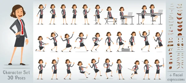 Mavi takım elbiseli, kırmızı kravatlı komik ofis kızı karakteri. 30 farklı poz ve yüz ifadesi. Beyaz arka planda izole edilmiş. Büyük vektör simgesi kümesi.