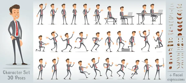 Mavi takım elbiseli, kırmızı kravatlı komik ofis çocuğu karakteri. 30 farklı poz ve yüz ifadesi. Beyaz arka planda izole edilmiş. Büyük vektör simgesi kümesi.