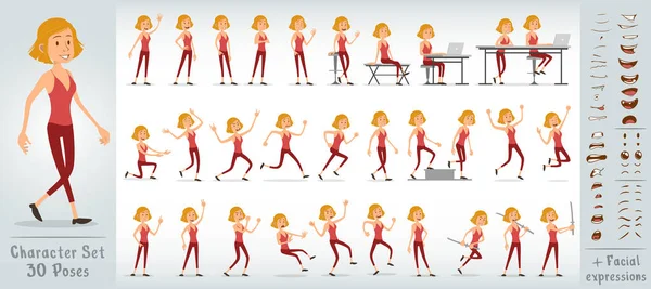 Çizgi film komik, pembe tişörtlü sarışın kız karakter. 30 farklı poz ve yüz ifadesi. Beyaz arka planda izole edilmiş. Büyük vektör simgesi kümesi.