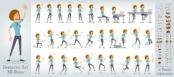 Çizgi film komik, yakışıklı, iş kızı, mavi gömlekli, kravatlı karakter. 30 farklı poz ve yüz ifadesi. Beyaz arka planda izole edilmiş. Büyük vektör simgesi kümesi.