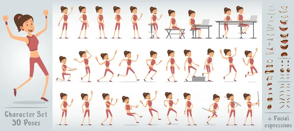 Çizgi filmdeki pembe tişörtlü ve şortlu sevimli kız karakter. 30 farklı poz ve yüz ifadesi. Beyaz arka planda izole edilmiş. Büyük vektör simgesi kümesi.