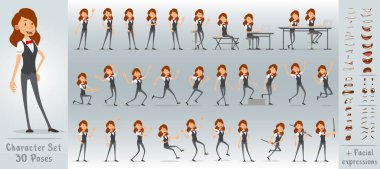 Çizgi filmdeki komik, komik, ofis kızı, kırmızı papyonlu, jerkin giyen karakter. 30 farklı poz ve yüz ifadesi. Beyaz arka planda izole edilmiş. Büyük vektör simgesi kümesi.