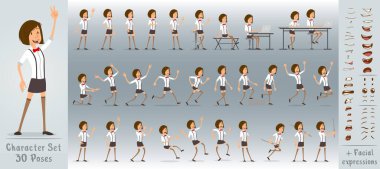 Çizgi film düz, komik ofis kızı, kırmızı papyonlu, etekli karakter. 30 farklı poz ve yüz ifadesi. Beyaz arka planda izole edilmiş. Büyük vektör simgesi kümesi.