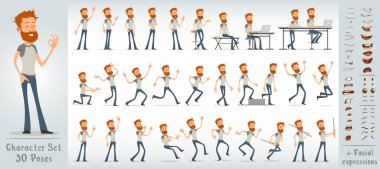 Çizgi film düz, komik, kırmızı saçlı, sakallı, tişörtlü ofis çocuğu. 30 farklı poz ve yüz ifadesi. Beyaz arka planda izole edilmiş. Büyük vektör simgesi kümesi.