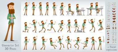 Çizgi film, sakallı, yeşil ceketli komik hippi çocuk karakteri. 30 farklı poz ve yüz ifadesi. Beyaz arka planda izole edilmiş. Büyük vektör simgesi kümesi.