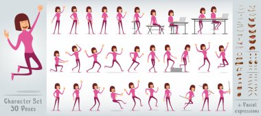 Çizgi filmdeki pembe elbiseli sevimli, komik, mutlu kız karakteri. 30 farklı poz ve yüz ifadesi. Beyaz arka planda izole edilmiş. Büyük vektör simgesi kümesi.