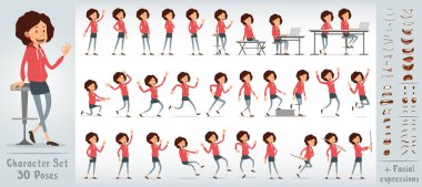 Çizgi filmdeki kırmızı kapüşonlu komik hippi kız karakteri. 30 farklı poz ve yüz ifadesi. Beyaz arka planda izole edilmiş. Büyük vektör simgesi kümesi.