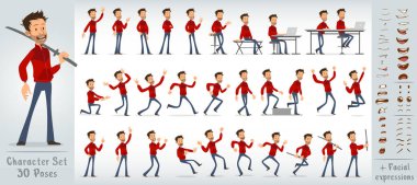 Çizgi filmdeki sevimli, komik, çılgın, sakallı, kılıçlı çocuk. 30 farklı poz ve yüz ifadesi. Beyaz arka planda izole edilmiş. Büyük vektör simgesi kümesi.