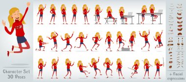 Çizgi filmdeki komik, komik, kırmızı kazaklı, kutup geyiği olan kız karakteri. 30 farklı poz ve yüz ifadesi. Beyaz arka planda izole edilmiş. Yeni Yıl büyük vektör simgesi seti.