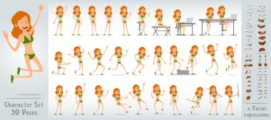 Çizgi film düz, komik, yakışıklı, yeşil açık mayo giyen kız karakter. 30 farklı poz ve yüz ifadesi. Beyaz arka planda izole edilmiş. Büyük vektör simgesi kümesi.