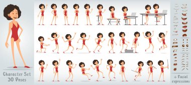 Çizgi film düz, komik, yakışıklı, yeşil, kapalı mayolu karakter. 30 farklı poz ve yüz ifadesi. Beyaz arka planda izole edilmiş. Büyük vektör simgesi kümesi.