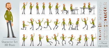 Çizgi film düz komik hippi çocuk karakteri yeşil kapüşonlu ve sakallı. 30 farklı poz ve yüz ifadesi. Beyaz arka planda izole edilmiş. Büyük vektör simgesi kümesi.