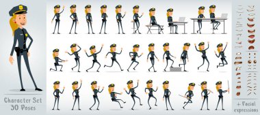 Çizgi film düz komik komik şerif kız karakteri siyah üniformalı ve altın yıldız rozetli. 30 farklı poz ve yüz ifadesi. Beyaz arka planda izole edilmiş. Büyük vektör simgesi kümesi.