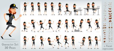 Çizgi film düz komik komik polis kız karakteri siyah üniformalı ve altın yıldız rozetli. 30 farklı poz ve yüz ifadesi. Beyaz arka planda izole edilmiş. Büyük vektör simgesi kümesi.