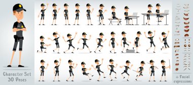 Çizgi film düz komik komik polis karakteri siyah üniformalı ve altın yıldız rozetli. 30 farklı poz ve yüz ifadesi. Beyaz arka planda izole edilmiş. Büyük vektör simgesi kümesi.