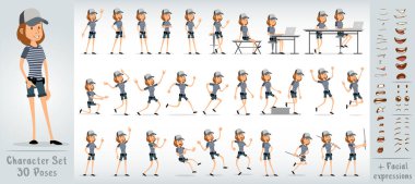 Çizgili tişört ve şortlu komik komik hippi kız karakteri. 30 farklı poz ve yüz ifadesi. Beyaz arka planda izole edilmiş. Büyük vektör simgesi kümesi.