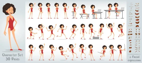 Çizgi film düz, komik, yakışıklı, yeşil, kapalı mayolu karakter. 30 farklı poz ve yüz ifadesi. Beyaz arka planda izole edilmiş. Büyük vektör simgesi kümesi.