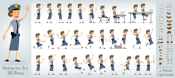 Cartoon Flache Süße Lustige Polizeimädchenfigur Blauer Uniform Und Mütze Mit — Stockvektor