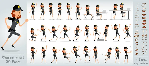 Çizgi film düz komik komik polis kız karakteri siyah üniformalı ve altın yıldız rozetli. 30 farklı poz ve yüz ifadesi. Beyaz arka planda izole edilmiş. Büyük vektör simgesi kümesi.