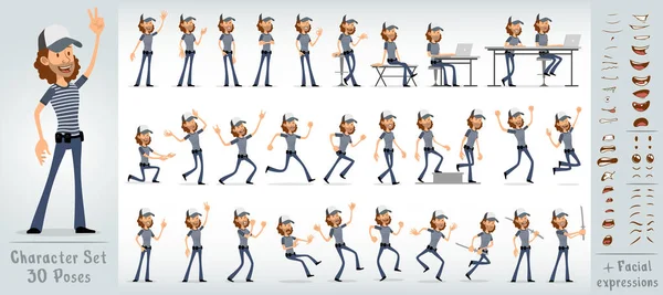 Cartoon Plat Mignon Drôle Hipster Garçon Personnage Chemise Rayée Jeans — Image vectorielle