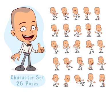 Farklı pozisyonlarda papyonlu komik garson çocuk karakteri. Canlandırmalar için katmanlı vektör. Beyaz arka planda izole edilmiş. Büyük simge seti.