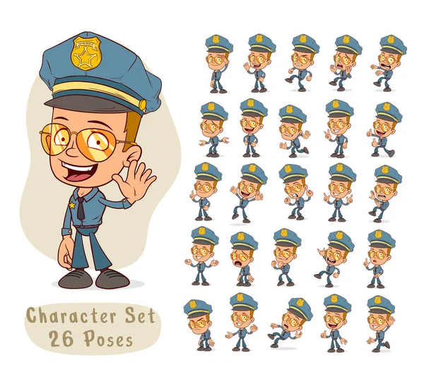 Dibujos Animados Divertido Personaje Policía Niño Con Gafas Sol Insignia — Vector de stock