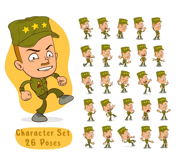 Çizgi Film Komik Asker Çocuk Karakteri Farklı Pozisyonlarda Kep Madalyayla — Stok Vektör