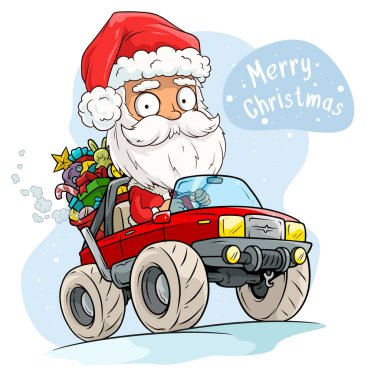 Kırmızı kostümlü ve şapkalı komik sakallı Noel Baba hediye çantalı canavar bir kamyon kullanıyor. Canlandırmalar için katmanlı vektör. Beyaz arka planda izole edilmiş. Yeni Yıl ve Noel vektör simgesi.