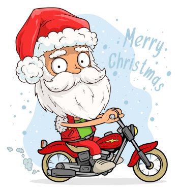 Kırmızı kostümlü ve şapkalı komik sakallı komik Noel Baba retro motosiklet kullanıyor. Canlandırmalar için katmanlı vektör. Beyaz arka planda izole edilmiş. Yeni Yıl ve Noel vektör simgesi.