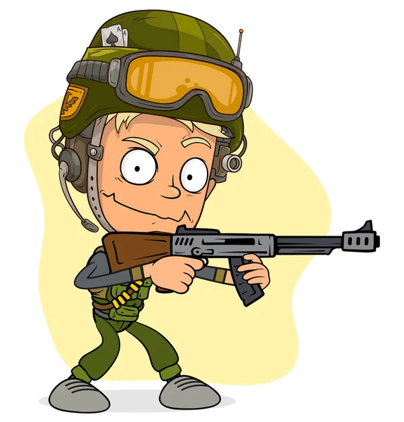 Dibujos Animados Divertido Soldado Del Ejército Lindo Con Rifle Casco — Vector de stock
