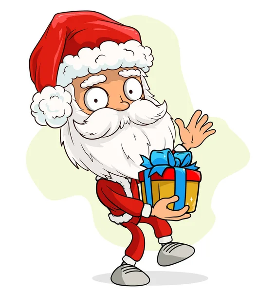 Kreskówka Cute Zabawny Brodaty Święty Mikołaj Czerwonym Stroju Czapce Prezentem — Wektor stockowy