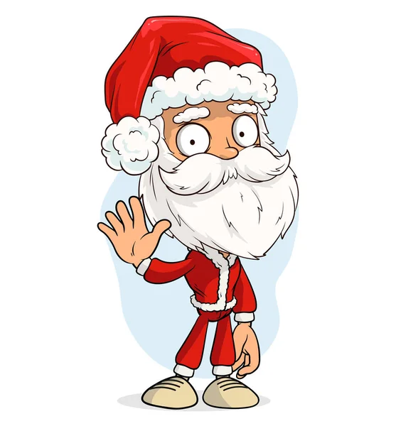Kırmızı Kostümlü Şapkalı Komik Sakallı Komik Noel Baba Merhaba Işareti — Stok Vektör