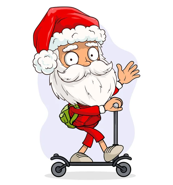 Cartoon Cute Zabawny Brodaty Święty Mikołaj Czerwonym Stroju Czapce Jazda — Wektor stockowy