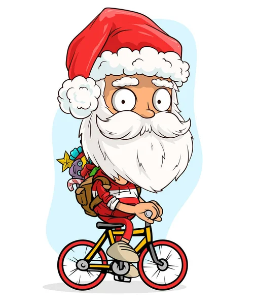 Kırmızı Kostümlü Şapkalı Komik Sakallı Noel Baba Hediye Çantalı Bisiklet — Stok Vektör