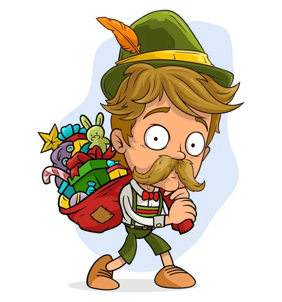 Cartoon Roztomilý Bavorský Santa Claus Zeleném Kostýmu Čepice Chůze Velkým — Stockový vektor