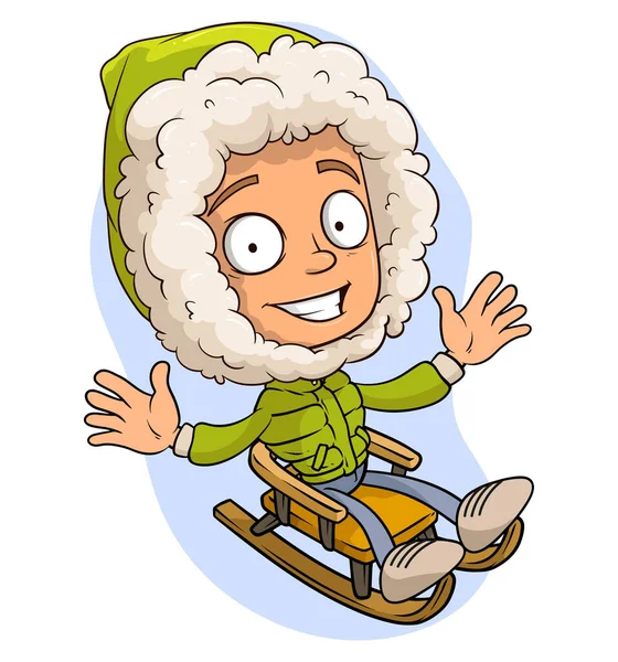卡通可爱有趣快乐的笑着小男孩骑在木制雪橇上 动画的分层向量 被白色背景隔离 新年和圣诞节矢量图标 — 图库矢量图片