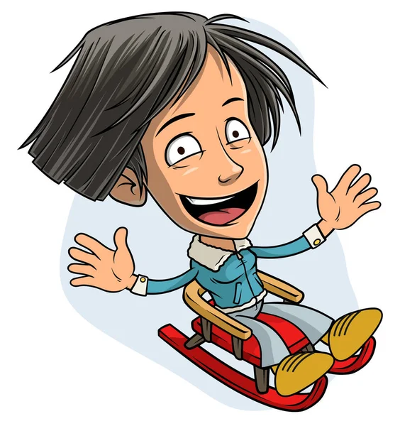Cartoon Niedlich Lustig Glücklich Lächelndes Kleines Mädchen Auf Holzschlitten Reiten — Stockvektor