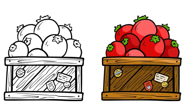 Κινούμενα Σχέδια Κόκκινες Φρέσκες Ντομάτες Ξύλινο Κουτί Αυτοκόλλητα Απομονωμένο Λευκό — Διανυσματικό Αρχείο