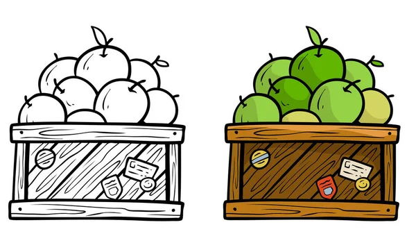 Καρτούν Πράσινο Φρέσκα Μήλα Ξύλινο Κουτί Αυτοκόλλητα Απομονωμένο Λευκό Φόντο — Διανυσματικό Αρχείο