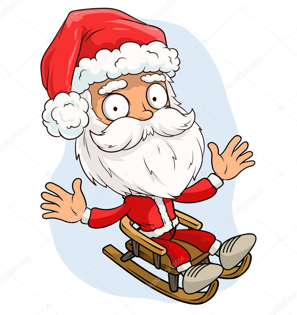 Cartoon cute funny bearded Santa Claus in red costume and cap riding on wooden sled. Layered vector for animations. Isolated on white background. New Year and Christmas vector icon.