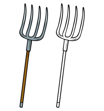 Ahşap saplı çizgi film metal çiftçi yabası. Beyaz arka planda izole edilmiş. Renklendirme için vektör simgesi.