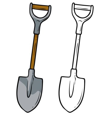 Ahşap saplı karikatür metal çiftçi küreği. Beyaz arka planda izole edilmiş. Renklendirme için vektör simgesi.