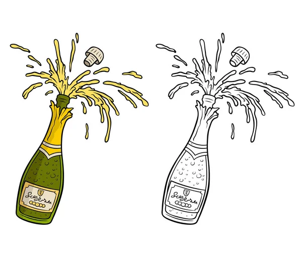 Tecknad Glas Öppen Flaska Champagne Explosion Med Kork Och Papper — Stock vektor